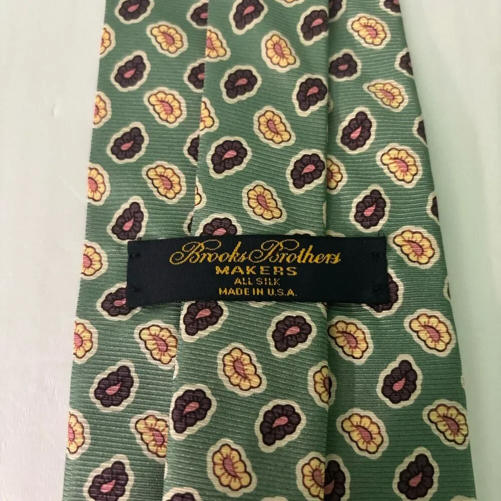 Brooks Brothers Makers Silk Necktie Tie Men's Floral Green Purple Yellow USA